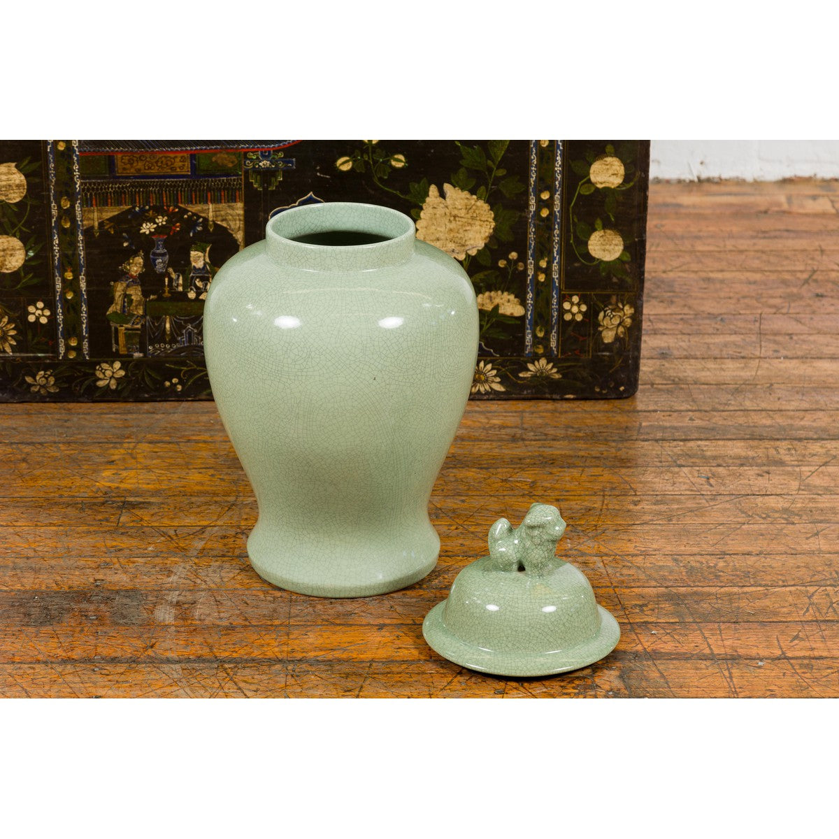 Crackle Green Celadon Lidded Vase with Stylized Foo Dog Finial-14. Asian & Chinese Furniture, Art, Antiques, Vintage Home Décor for sale at FEA Home
