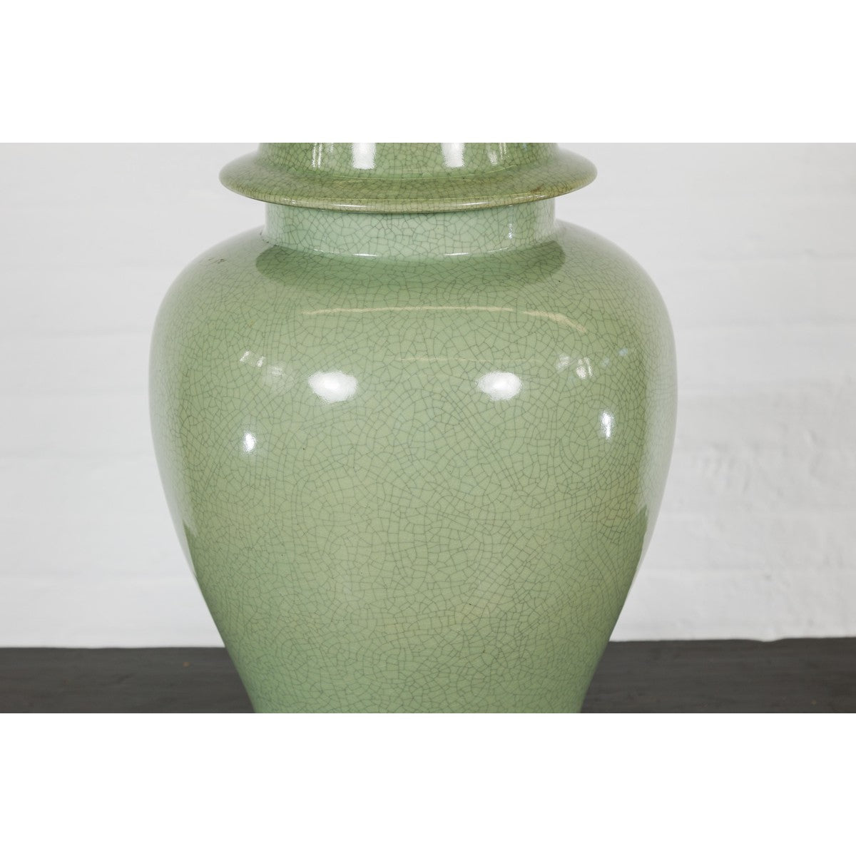 Crackle Green Celadon Lidded Vase with Stylized Foo Dog Finial-5. Asian & Chinese Furniture, Art, Antiques, Vintage Home Décor for sale at FEA Home