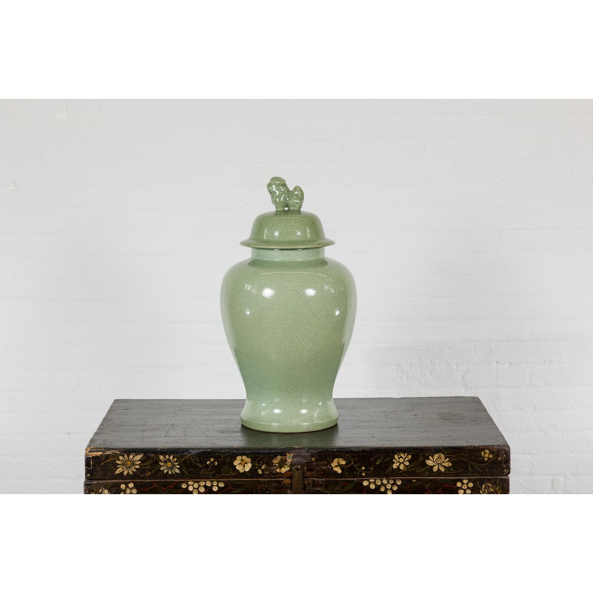 Crackle Green Celadon Lidded Vase with Stylized Foo Dog Finial-9. Asian & Chinese Furniture, Art, Antiques, Vintage Home Décor for sale at FEA Home