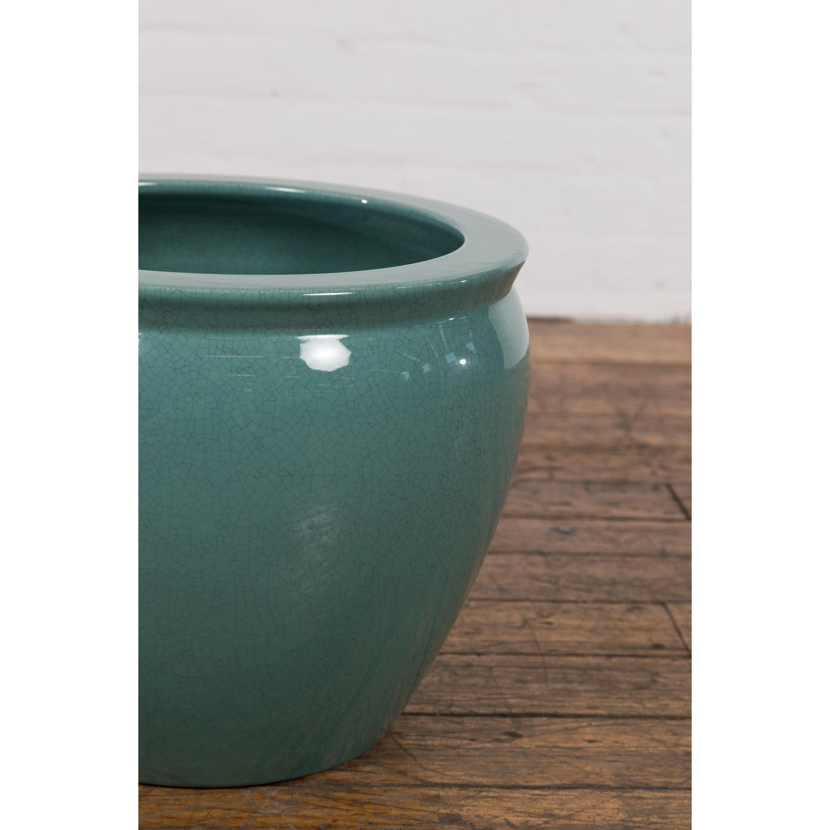Midcentury Teal Garden Planter with Circular Opening and Tapering Lines-11. Asian & Chinese Furniture, Art, Antiques, Vintage Home Décor for sale at FEA Home