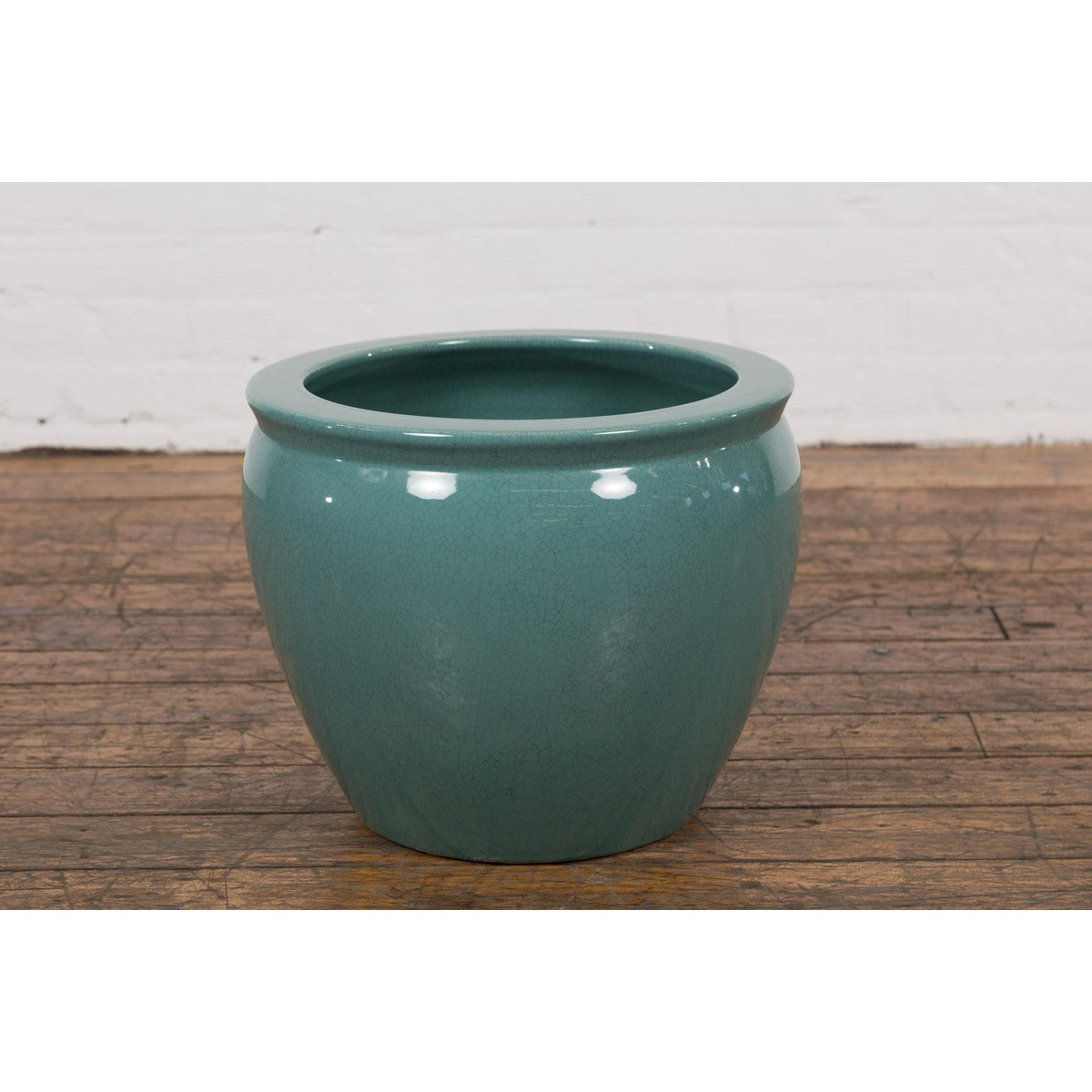 Midcentury Teal Garden Planter with Circular Opening and Tapering Lines-12. Asian & Chinese Furniture, Art, Antiques, Vintage Home Décor for sale at FEA Home