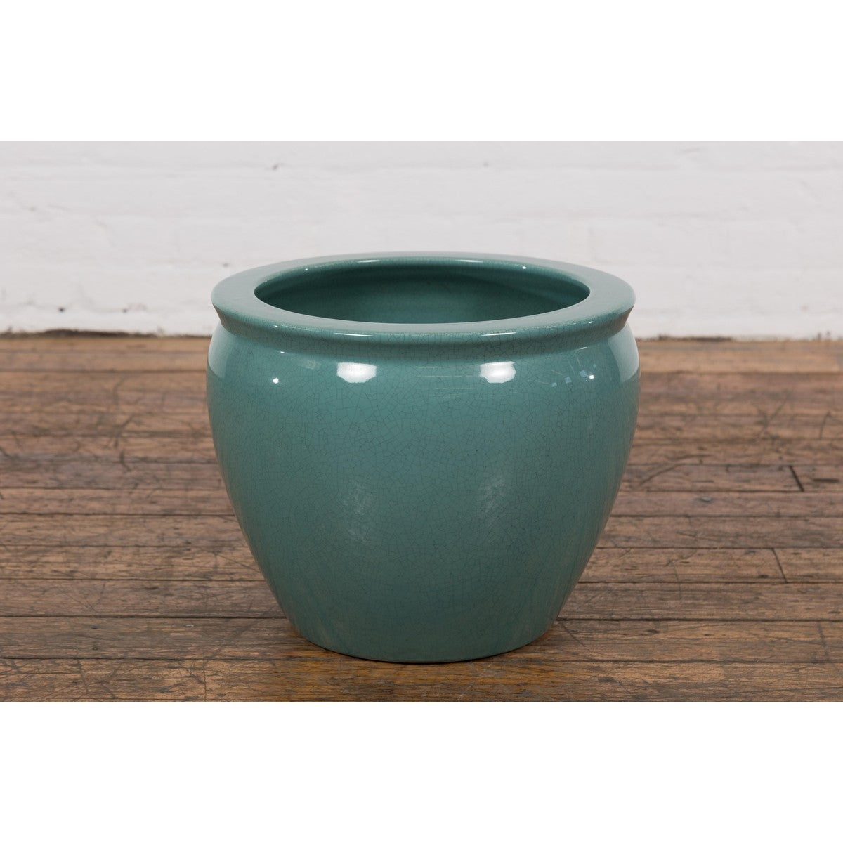 Midcentury Teal Garden Planter with Circular Opening and Tapering Lines-13. Asian & Chinese Furniture, Art, Antiques, Vintage Home Décor for sale at FEA Home