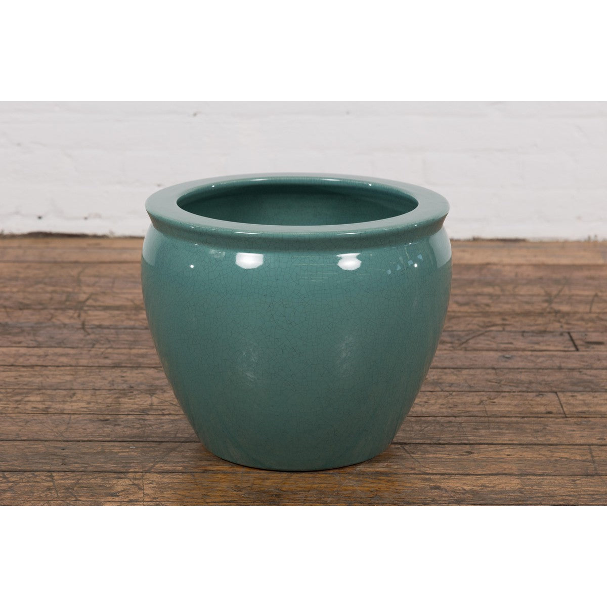 Midcentury Teal Garden Planter with Circular Opening and Tapering Lines-14. Asian & Chinese Furniture, Art, Antiques, Vintage Home Décor for sale at FEA Home