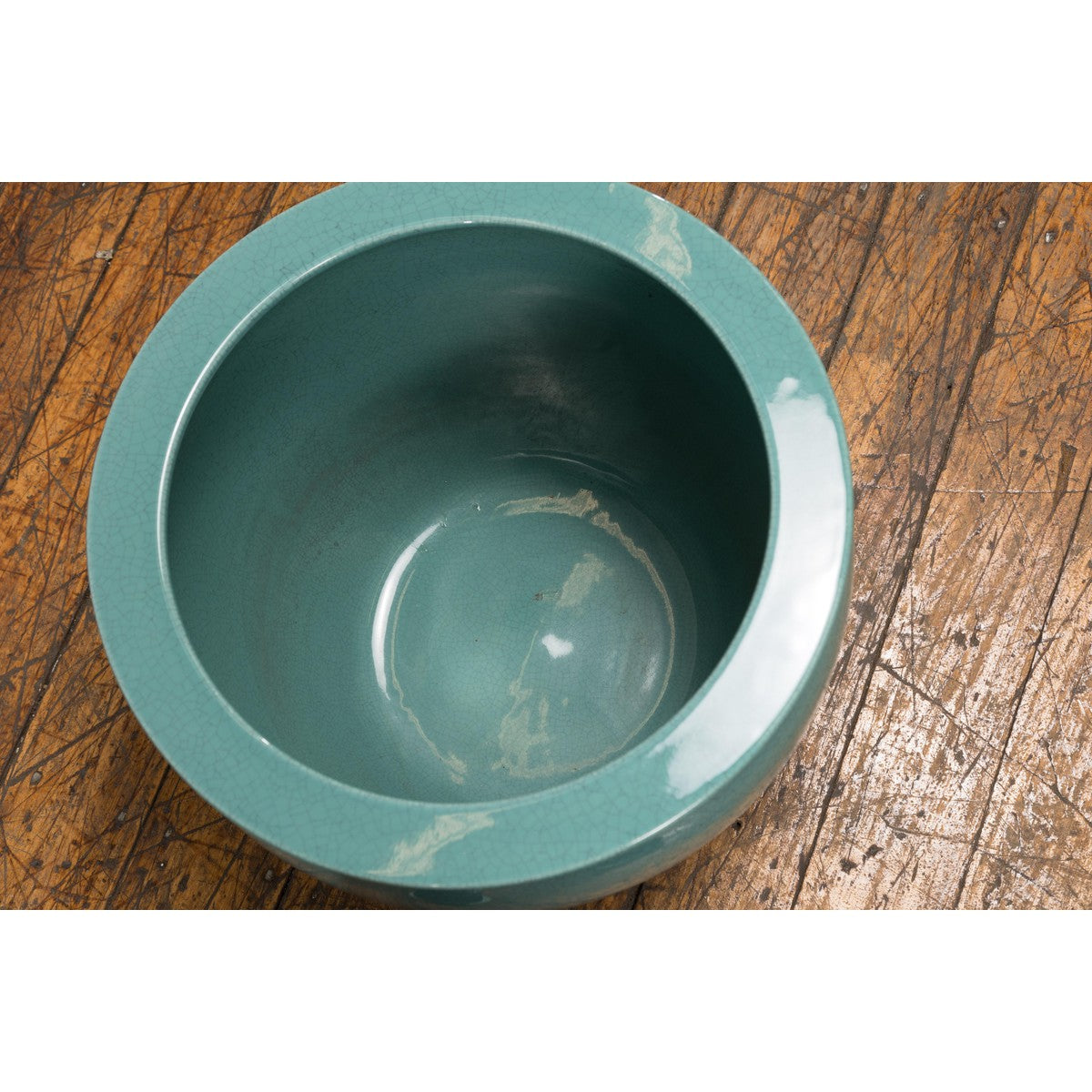 Midcentury Teal Garden Planter with Circular Opening and Tapering Lines-15. Asian & Chinese Furniture, Art, Antiques, Vintage Home Décor for sale at FEA Home