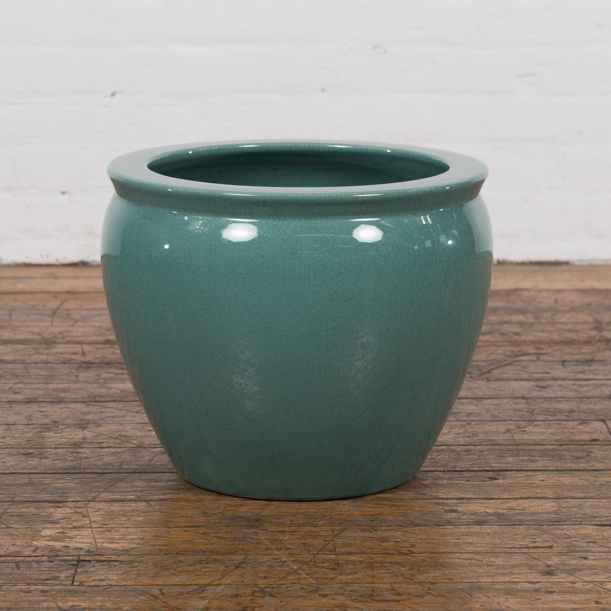 Midcentury Teal Garden Planter with Circular Opening and Tapering Lines-2. Asian & Chinese Furniture, Art, Antiques, Vintage Home Décor for sale at FEA Home