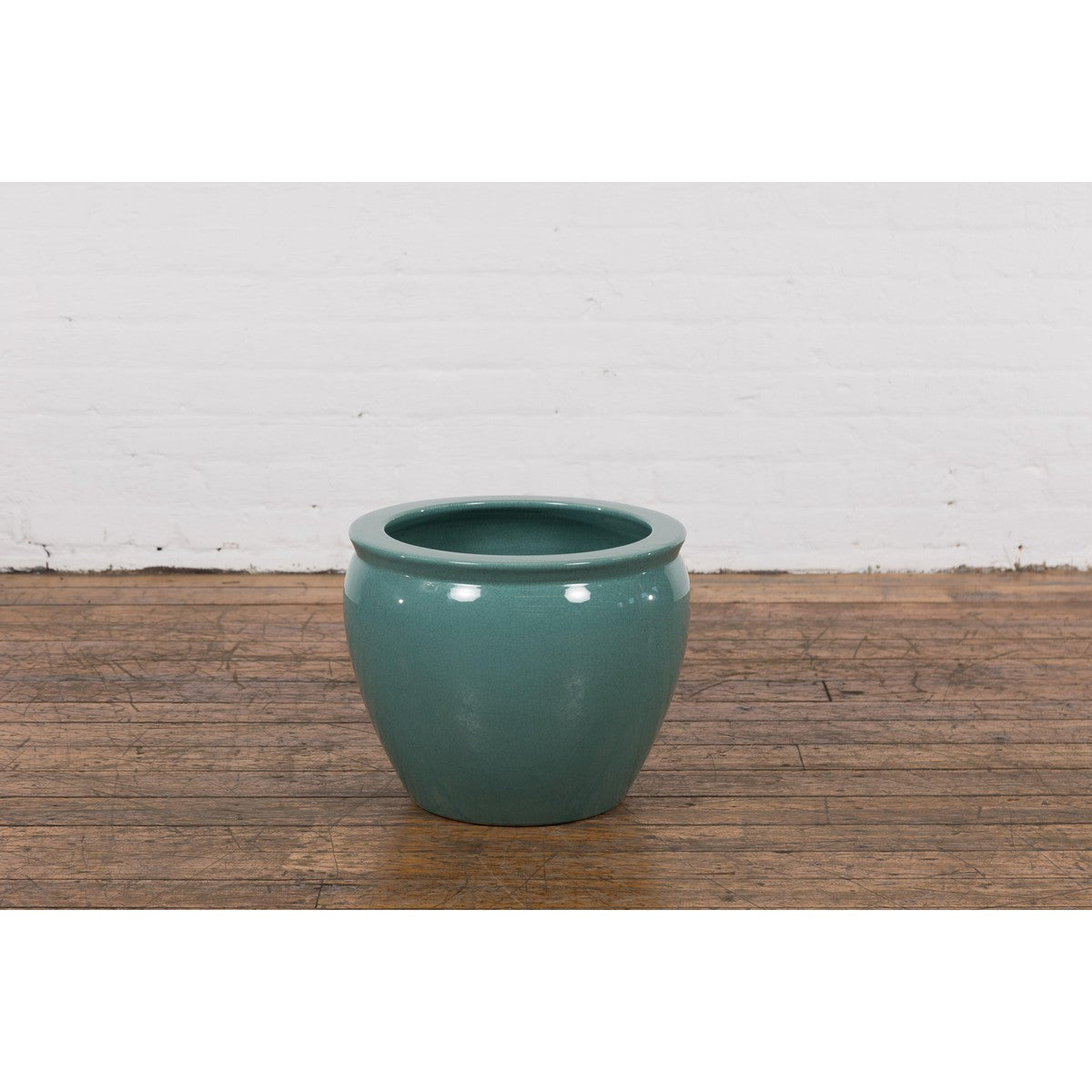 Midcentury Teal Garden Planter with Circular Opening and Tapering Lines-4. Asian & Chinese Furniture, Art, Antiques, Vintage Home Décor for sale at FEA Home