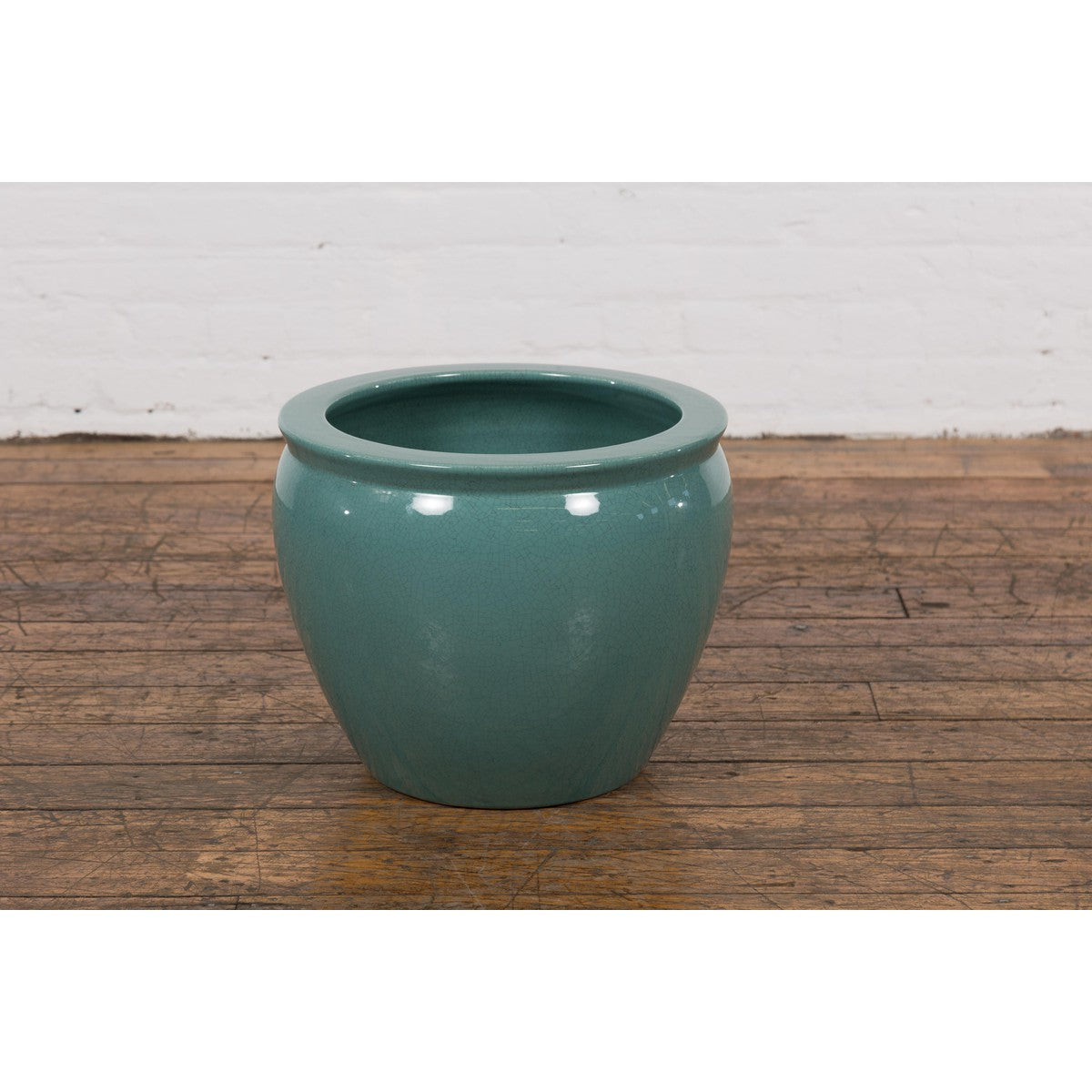 Midcentury Teal Garden Planter with Circular Opening and Tapering Lines-5. Asian & Chinese Furniture, Art, Antiques, Vintage Home Décor for sale at FEA Home