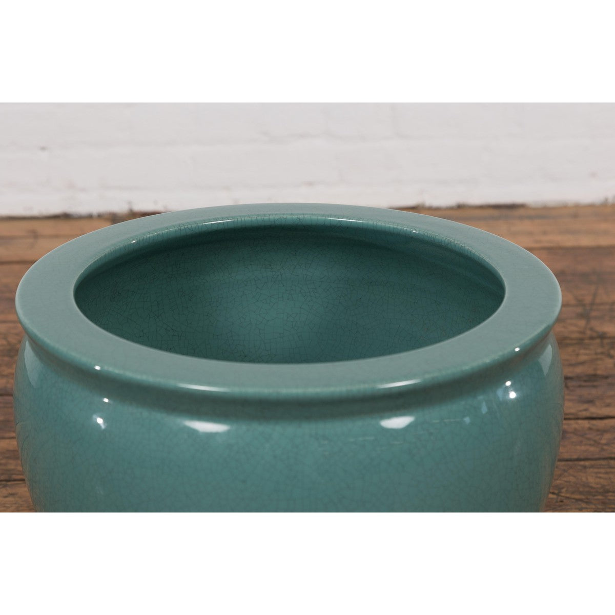 Midcentury Teal Garden Planter with Circular Opening and Tapering Lines-6. Asian & Chinese Furniture, Art, Antiques, Vintage Home Décor for sale at FEA Home