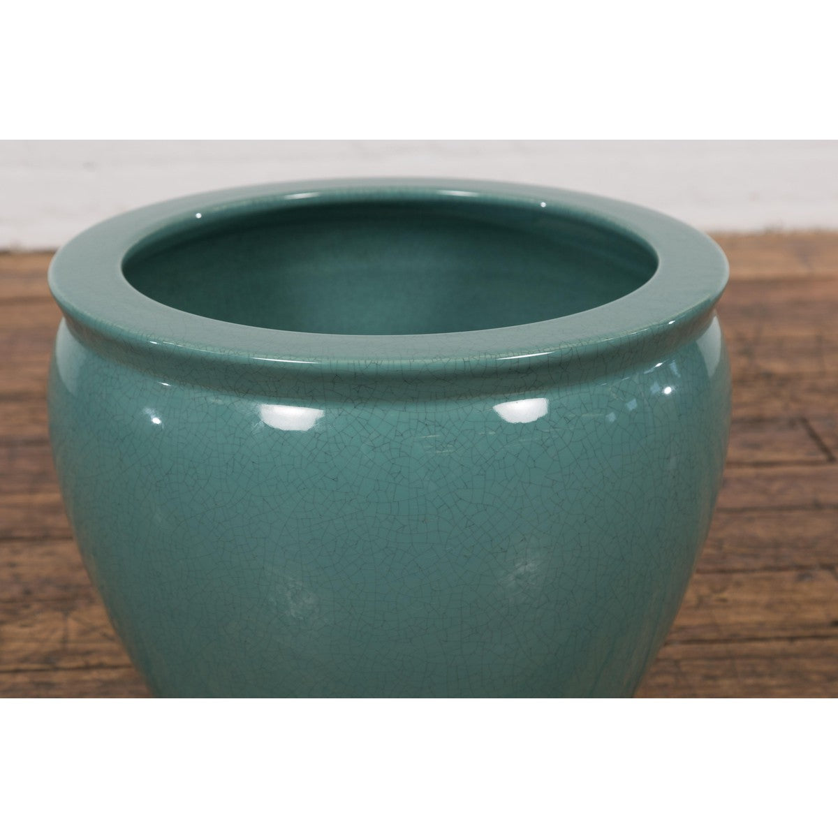 Midcentury Teal Garden Planter with Circular Opening and Tapering Lines-7. Asian & Chinese Furniture, Art, Antiques, Vintage Home Décor for sale at FEA Home