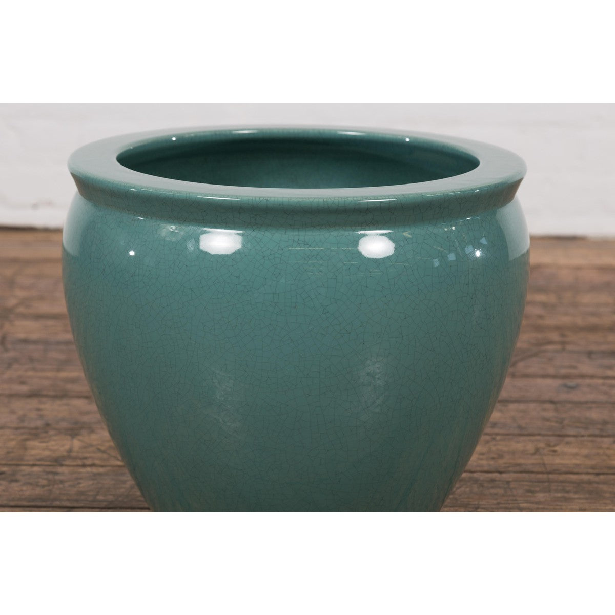 Midcentury Teal Garden Planter with Circular Opening and Tapering Lines-8. Asian & Chinese Furniture, Art, Antiques, Vintage Home Décor for sale at FEA Home