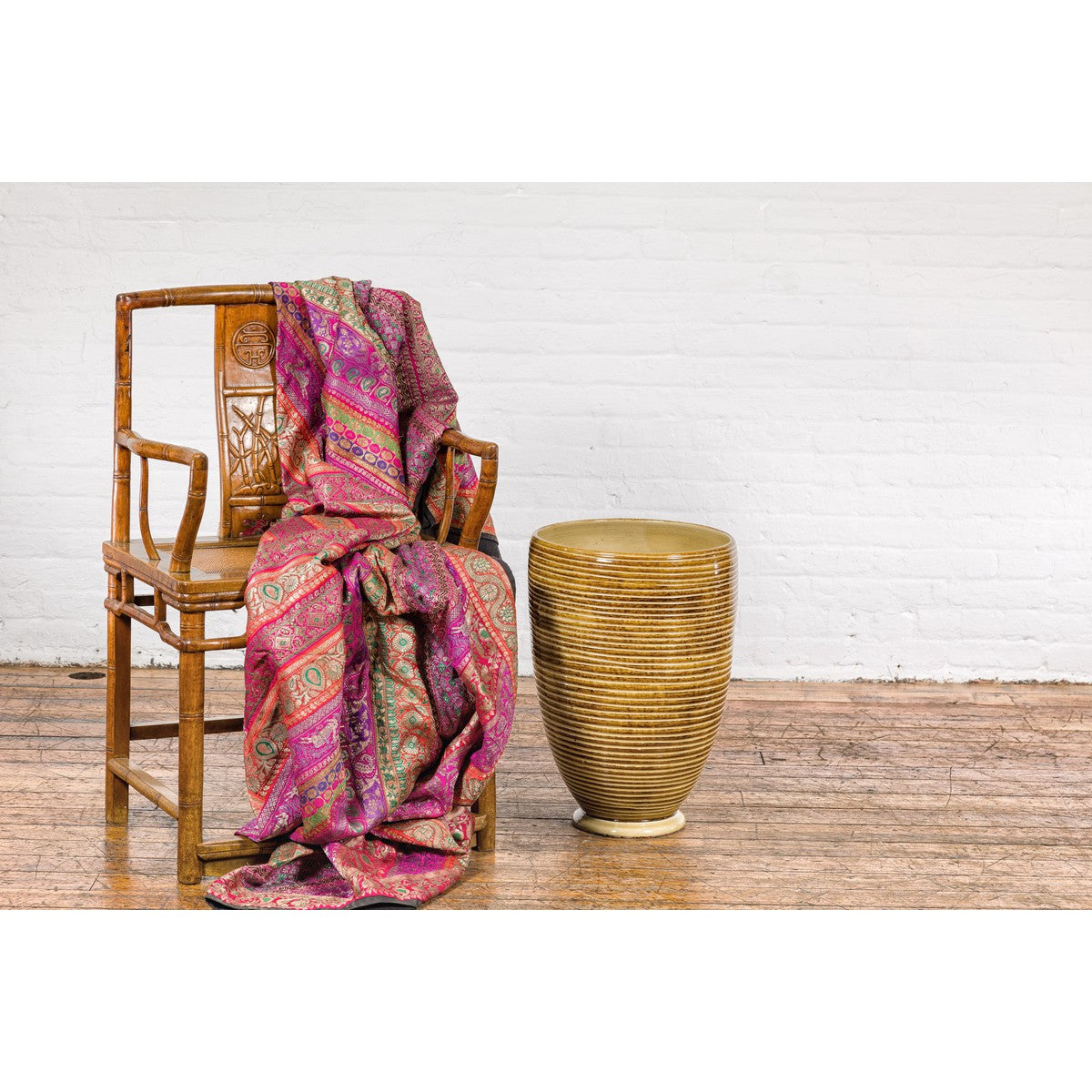Artisan Handcrafted Mustard Color Ceramic Garden Planter with Incised Décor-2. Asian & Chinese Furniture, Art, Antiques, Vintage Home Décor for sale at FEA Home