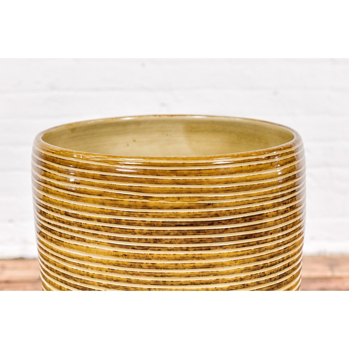 Artisan Handcrafted Mustard Color Ceramic Garden Planter with Incised Décor-4. Asian & Chinese Furniture, Art, Antiques, Vintage Home Décor for sale at FEA Home