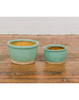 Pair of Ocean Blue Glazed Ceramic Round Nested Planters with Tapering Lines-11. Asian & Chinese Furniture, Art, Antiques, Vintage Home Décor for sale at FEA Home
