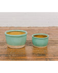 Pair of Ocean Blue Glazed Ceramic Round Nested Planters with Tapering Lines-12. Asian & Chinese Furniture, Art, Antiques, Vintage Home Décor for sale at FEA Home