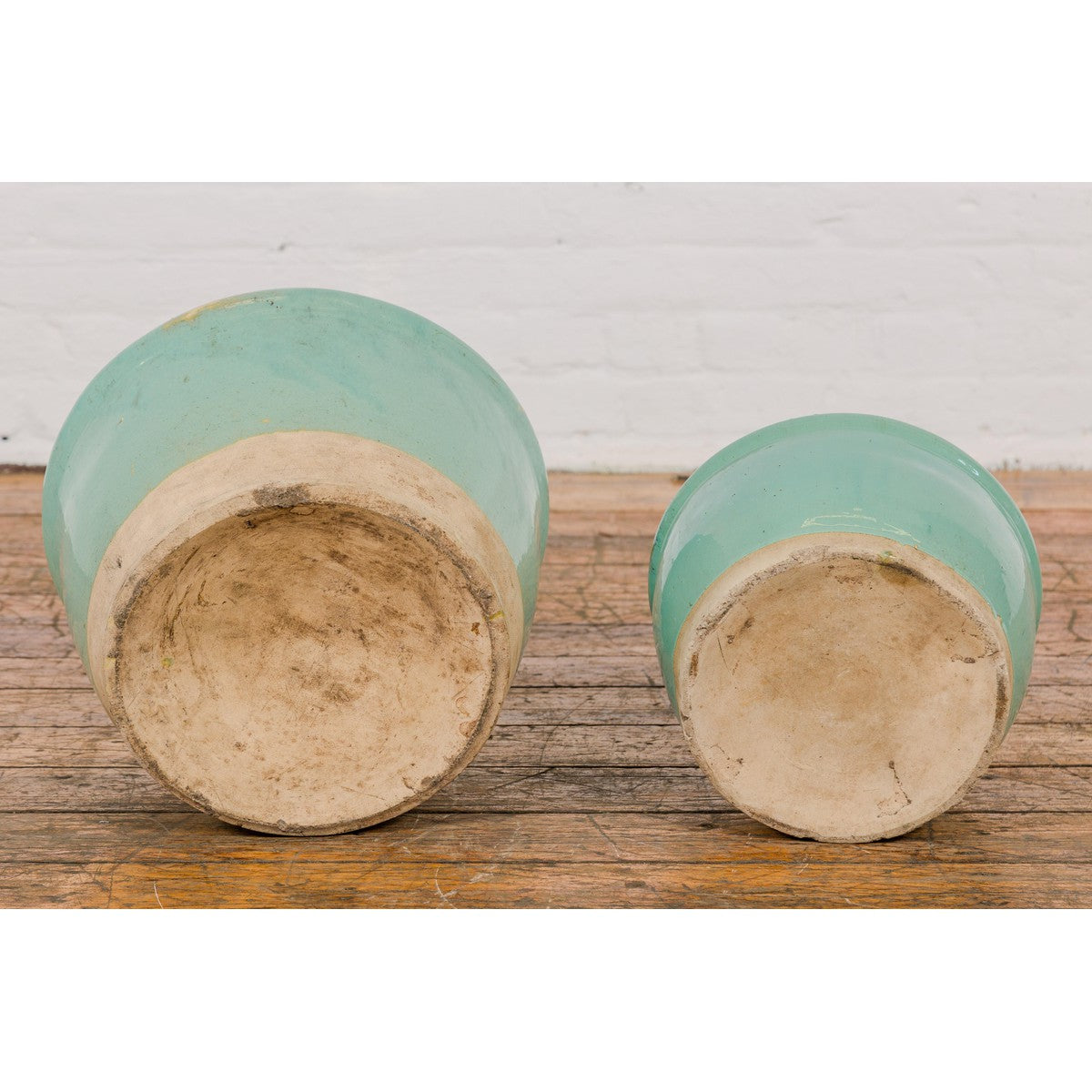 Pair of Ocean Blue Glazed Ceramic Round Nested Planters with Tapering Lines-16. Asian & Chinese Furniture, Art, Antiques, Vintage Home Décor for sale at FEA Home