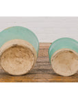 Pair of Ocean Blue Glazed Ceramic Round Nested Planters with Tapering Lines-16. Asian & Chinese Furniture, Art, Antiques, Vintage Home Décor for sale at FEA Home