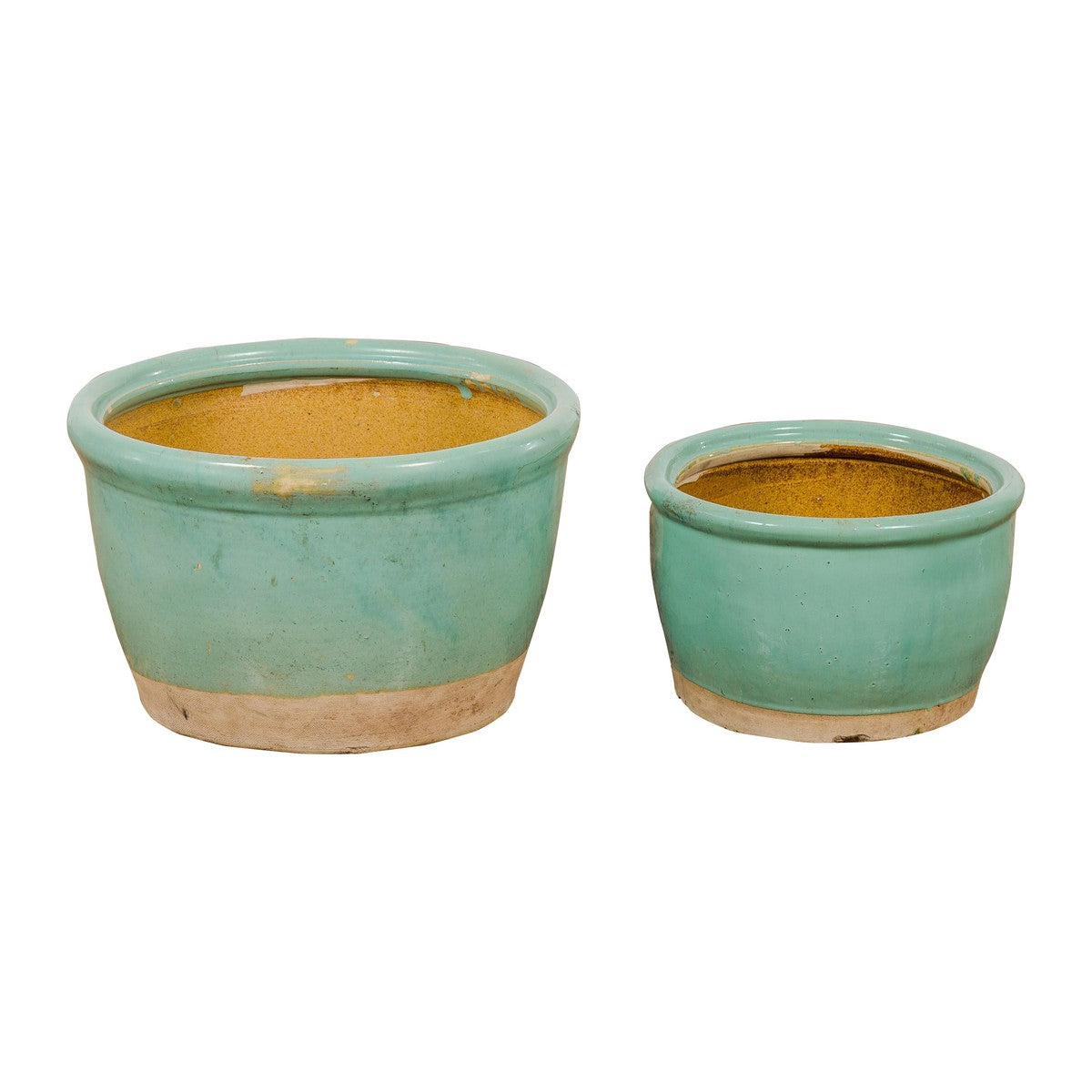 Pair of Ocean Blue Glazed Ceramic Round Nested Planters with Tapering Lines-17. Asian & Chinese Furniture, Art, Antiques, Vintage Home Décor for sale at FEA Home