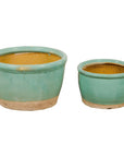 Pair of Ocean Blue Glazed Ceramic Round Nested Planters with Tapering Lines-1. Asian & Chinese Furniture, Art, Antiques, Vintage Home Décor for sale at FEA Home