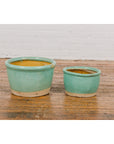 Pair of Ocean Blue Glazed Ceramic Round Nested Planters with Tapering Lines-4. Asian & Chinese Furniture, Art, Antiques, Vintage Home Décor for sale at FEA Home