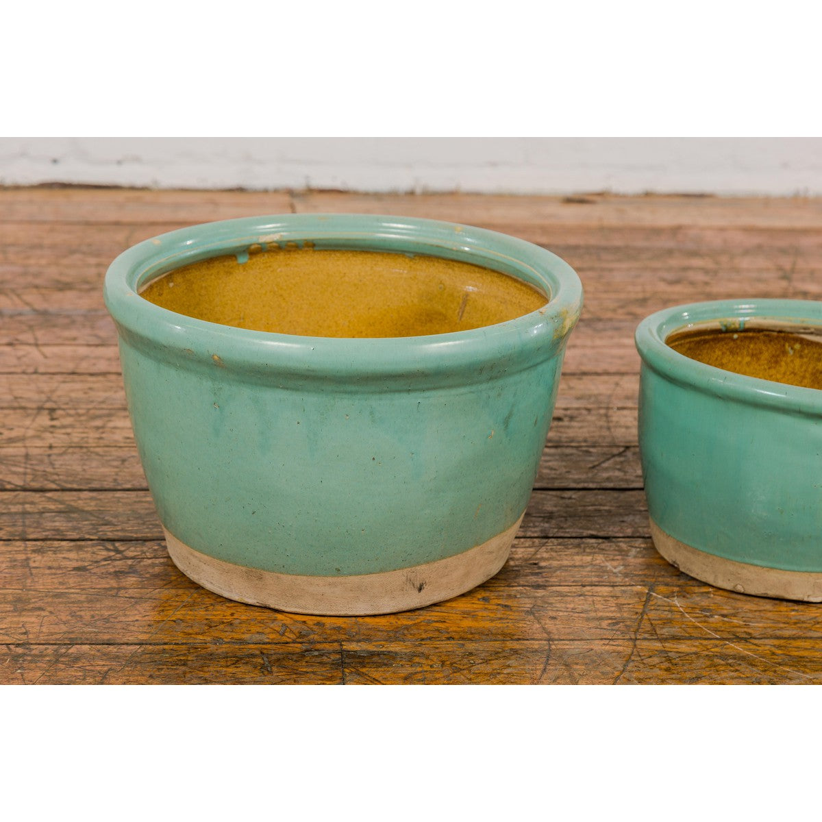 Pair of Ocean Blue Glazed Ceramic Round Nested Planters with Tapering Lines-5. Asian & Chinese Furniture, Art, Antiques, Vintage Home Décor for sale at FEA Home