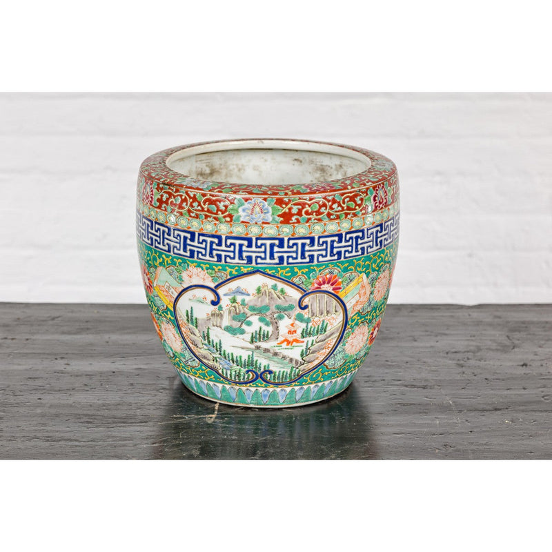 Hand-Painted Imari Planter with Landscape, Tree, Flowers and Books-YN7827-13. Asian & Chinese Furniture, Art, Antiques, Vintage Home Décor for sale at FEA Home