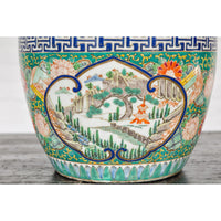 Hand-Painted Imari Planter with Landscape, Tree, Flowers and Books