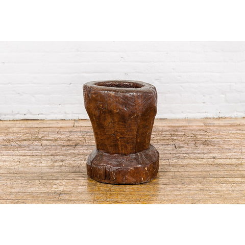 19th Century Rustic Teak Wood Mortar Urn, Antique Planter for Vintage Home Decor-YN7830-8. Asian & Chinese Furniture, Art, Antiques, Vintage Home Décor for sale at FEA Home