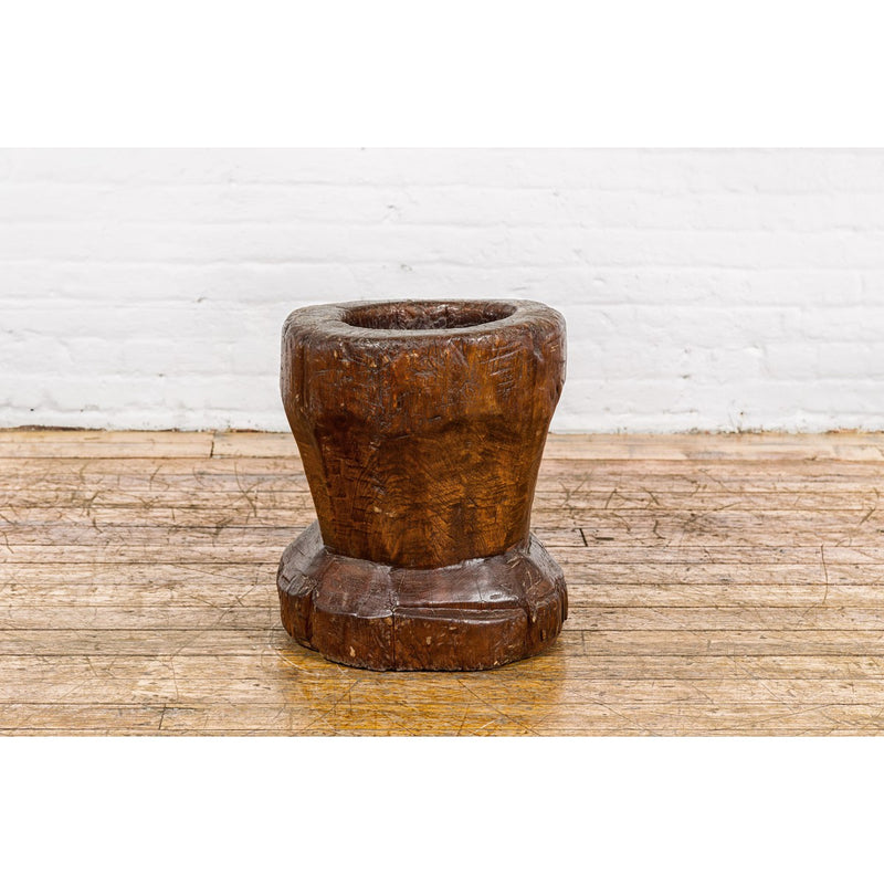 19th Century Rustic Teak Wood Mortar Urn, Antique Planter for Vintage Home Decor-YN7830-9. Asian & Chinese Furniture, Art, Antiques, Vintage Home Décor for sale at FEA Home