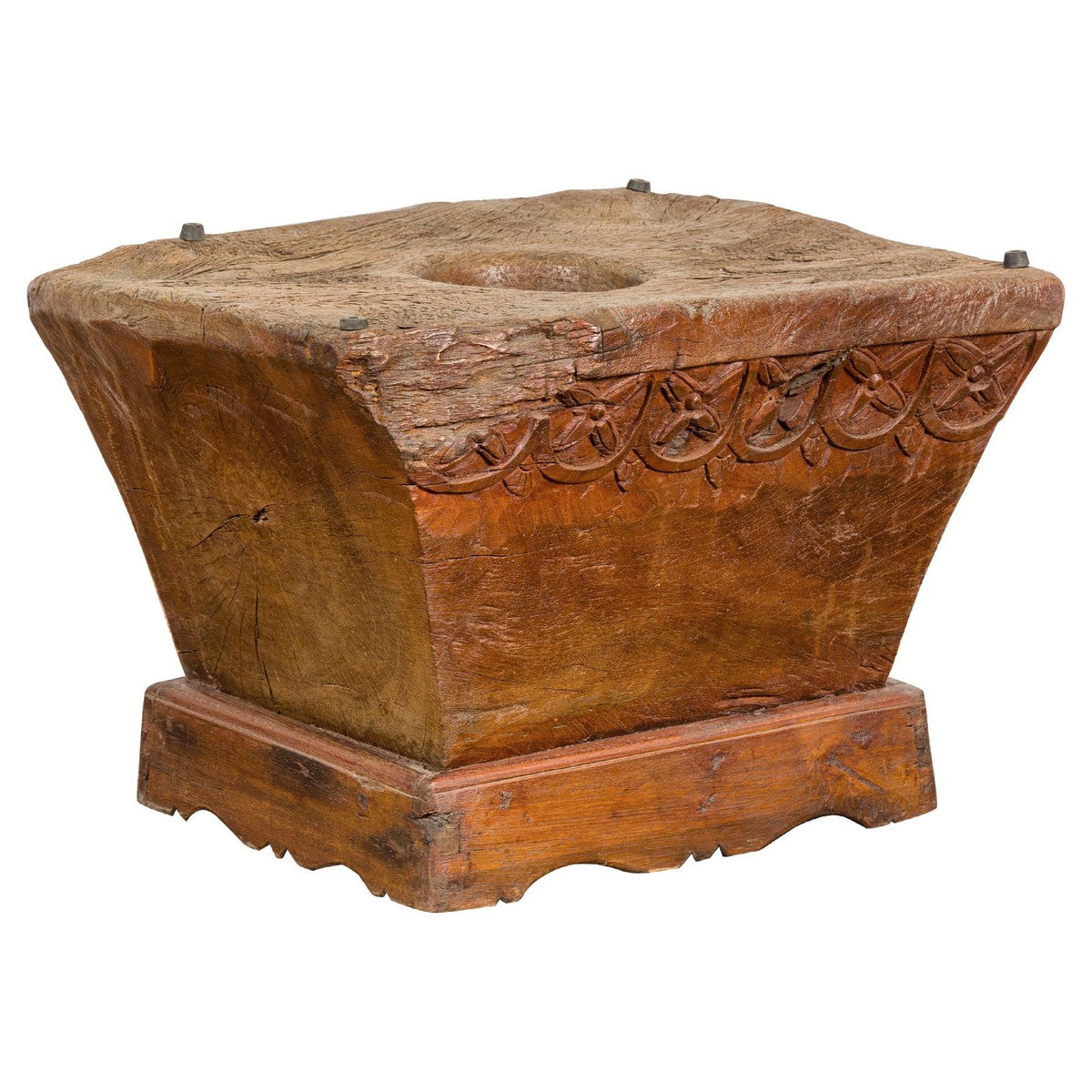 Teak Wood Primitive Mortar Converted into Coffee Table with Carved Rosettes-YN7837-1. Asian & Chinese Furniture, Art, Antiques, Vintage Home Décor for sale at FEA Home
