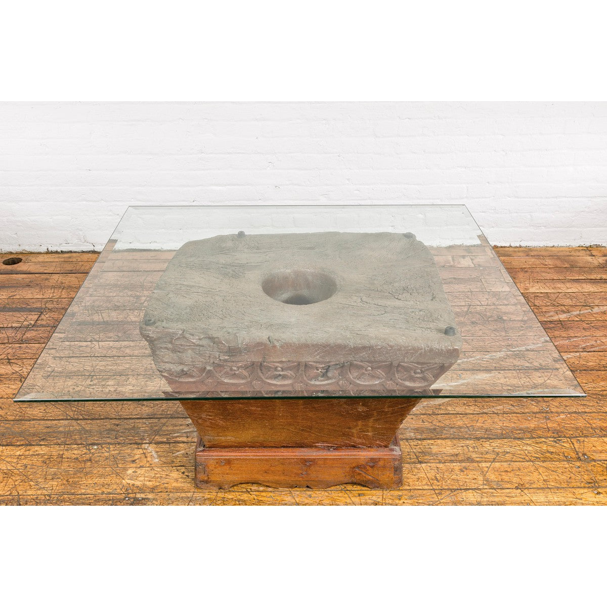 Wood Mortar Converted into Decorative Table with Carved Rosettes-4. Asian & Chinese Furniture, Art, Antiques, Vintage Home Décor for sale at FEA Home