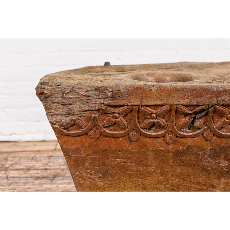 Teak Wood Primitive Mortar Converted into Coffee Table with Carved Rosettes-YN7837-12. Asian & Chinese Furniture, Art, Antiques, Vintage Home Décor for sale at FEA Home