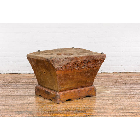 Teak Wood Primitive Mortar Converted into Coffee Table with Carved Rosettes-YN7837-16. Asian & Chinese Furniture, Art, Antiques, Vintage Home Décor for sale at FEA Home