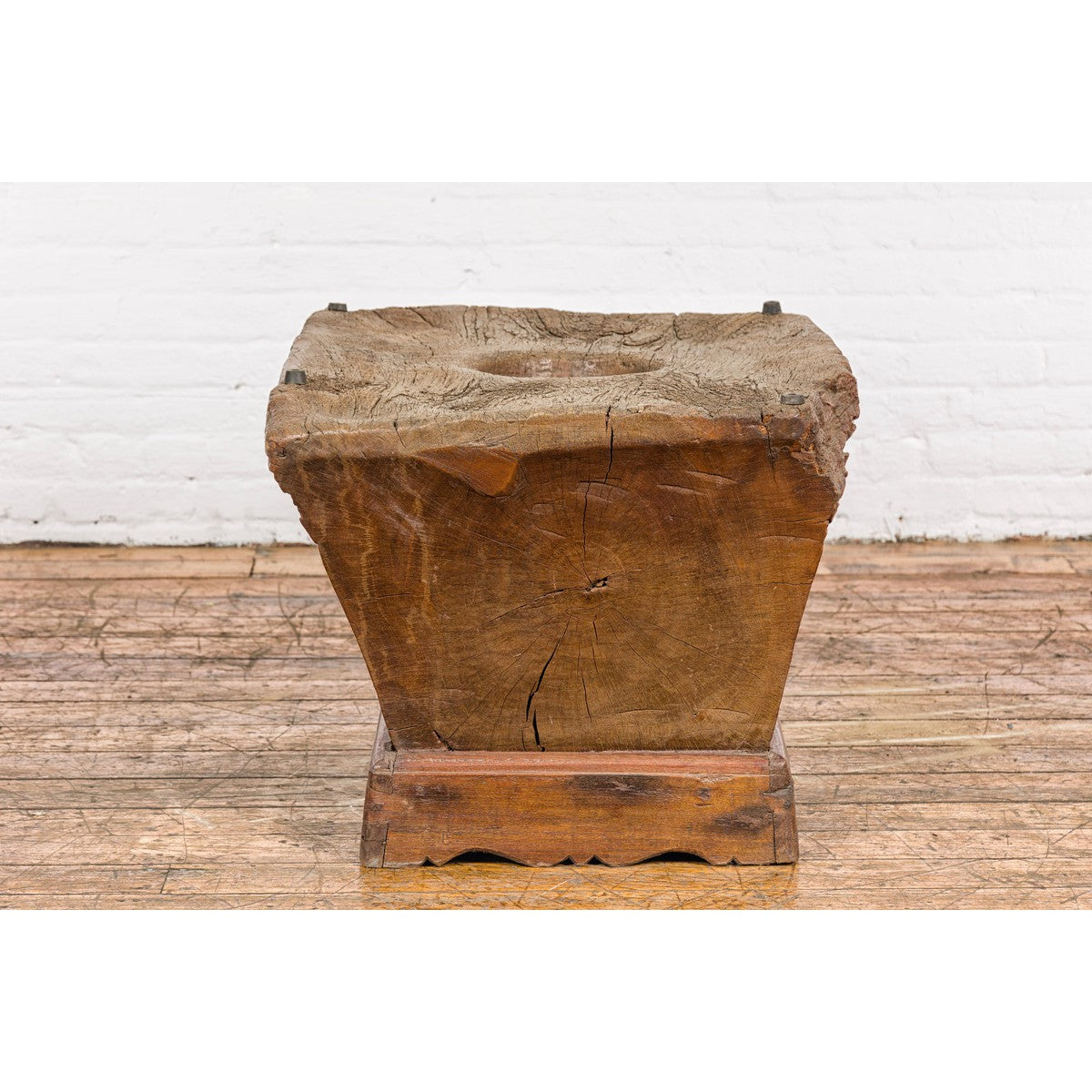 Wood Mortar Converted into Decorative Table with Carved Rosettes-17. Asian & Chinese Furniture, Art, Antiques, Vintage Home Décor for sale at FEA Home