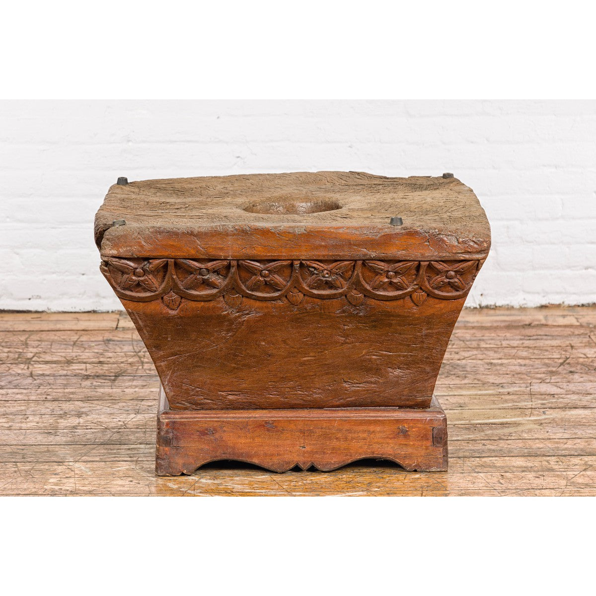 Wood Mortar Converted into Decorative Table with Carved Rosettes-18. Asian & Chinese Furniture, Art, Antiques, Vintage Home Décor for sale at FEA Home