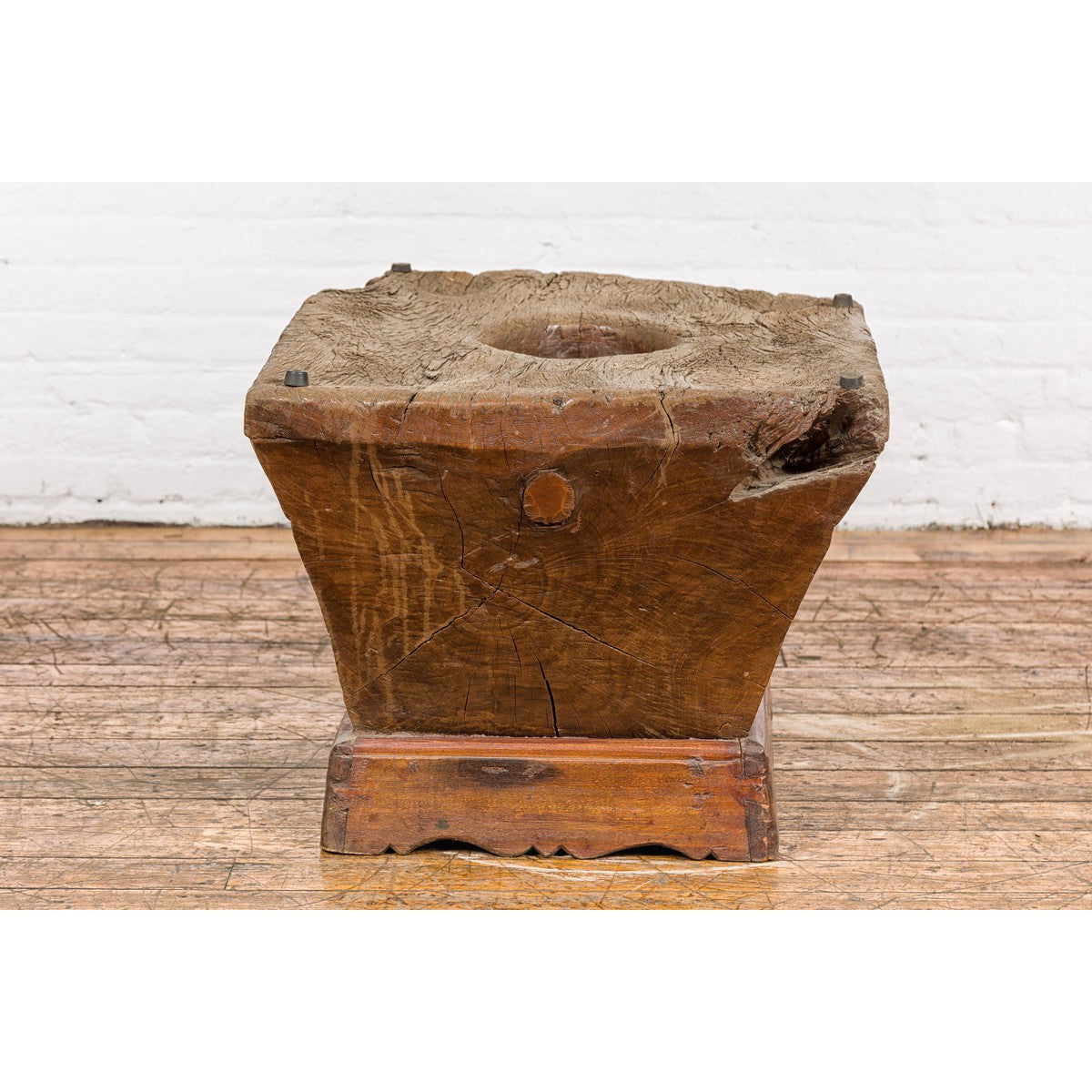 Wood Mortar Converted into Decorative Table with Carved Rosettes-19. Asian & Chinese Furniture, Art, Antiques, Vintage Home Décor for sale at FEA Home