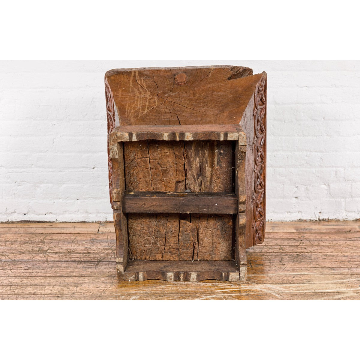 Wood Mortar Converted into Decorative Table with Carved Rosettes-20. Asian & Chinese Furniture, Art, Antiques, Vintage Home Décor for sale at FEA Home