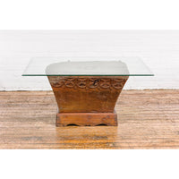 Teak Wood Primitive Mortar Converted into Coffee Table with Carved Rosettes
