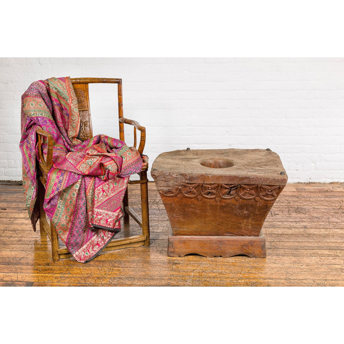 Wood Mortar Converted into Decorative Table with Carved Rosettes-3. Asian & Chinese Furniture, Art, Antiques, Vintage Home Décor for sale at FEA Home