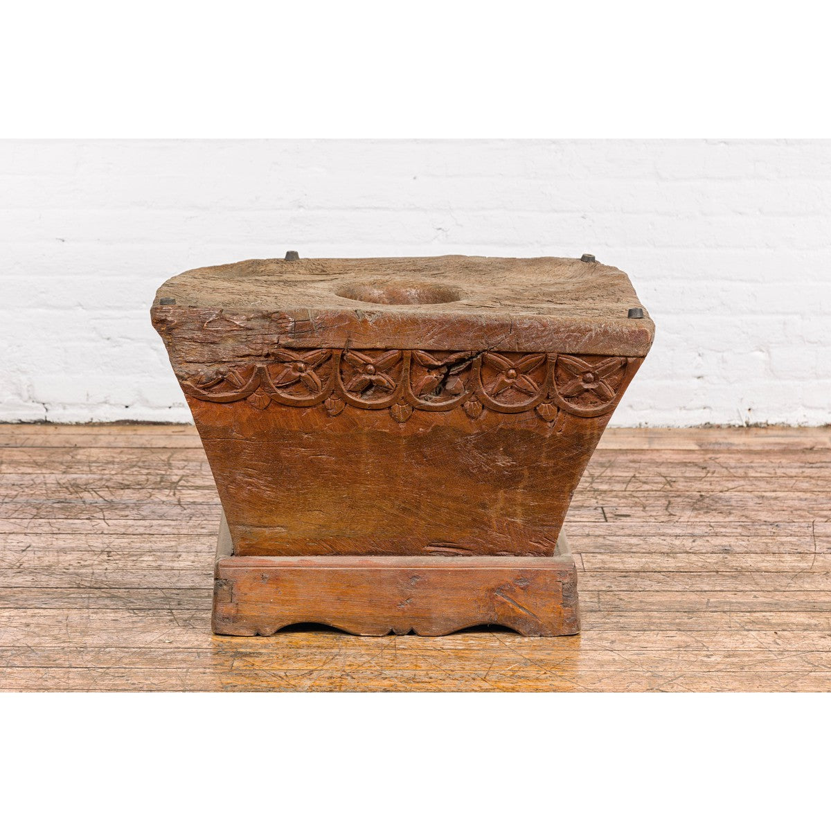 Wood Mortar Converted into Decorative Table with Carved Rosettes-6. Asian & Chinese Furniture, Art, Antiques, Vintage Home Décor for sale at FEA Home
