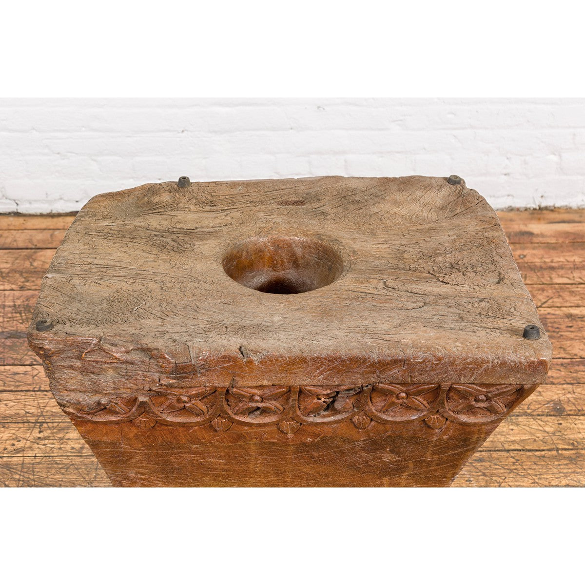 Wood Mortar Converted into Decorative Table with Carved Rosettes-7. Asian & Chinese Furniture, Art, Antiques, Vintage Home Décor for sale at FEA Home