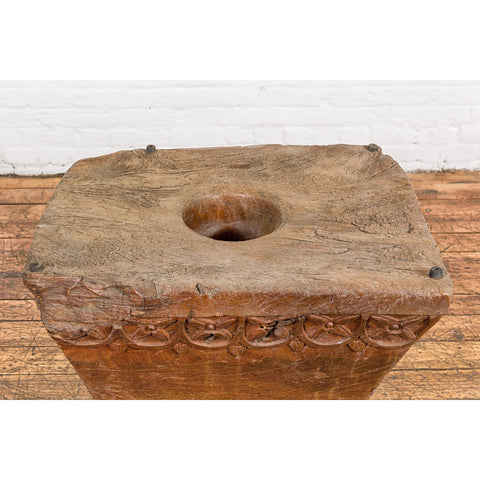 Teak Wood Primitive Mortar Converted into Coffee Table with Carved Rosettes-YN7837-5. Asian & Chinese Furniture, Art, Antiques, Vintage Home Décor for sale at FEA Home