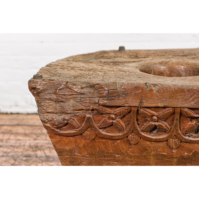 Teak Wood Primitive Mortar Converted into Coffee Table with Carved Rosettes-YN7837-6. Asian & Chinese Furniture, Art, Antiques, Vintage Home Décor for sale at FEA Home