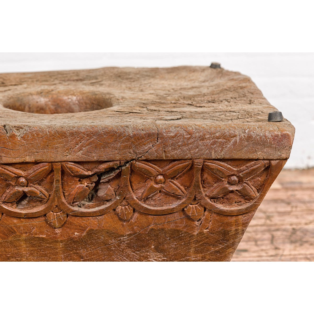 Wood Mortar Converted into Decorative Table with Carved Rosettes-10. Asian & Chinese Furniture, Art, Antiques, Vintage Home Décor for sale at FEA Home