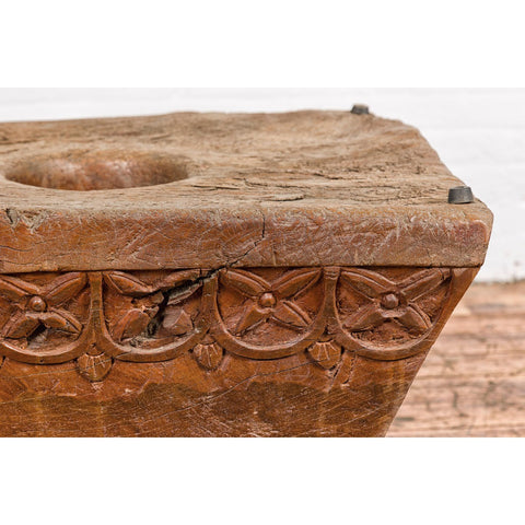 Teak Wood Primitive Mortar Converted into Coffee Table with Carved Rosettes-YN7837-7. Asian & Chinese Furniture, Art, Antiques, Vintage Home Décor for sale at FEA Home