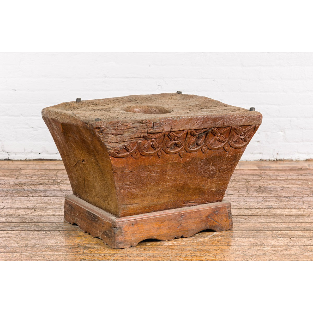 Wood Mortar Converted into Decorative Table with Carved Rosettes-12. Asian & Chinese Furniture, Art, Antiques, Vintage Home Décor for sale at FEA Home