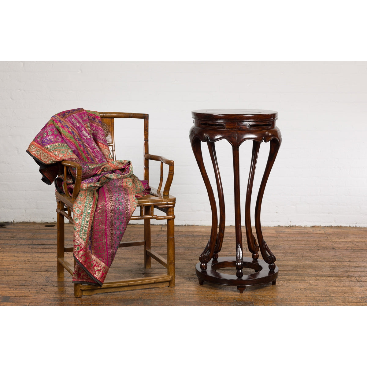 Chinese Late Qing Dynasty Plant Stand with Carved Apron and Curving Legs-5. Asian & Chinese Furniture, Art, Antiques, Vintage Home Décor for sale at FEA Home