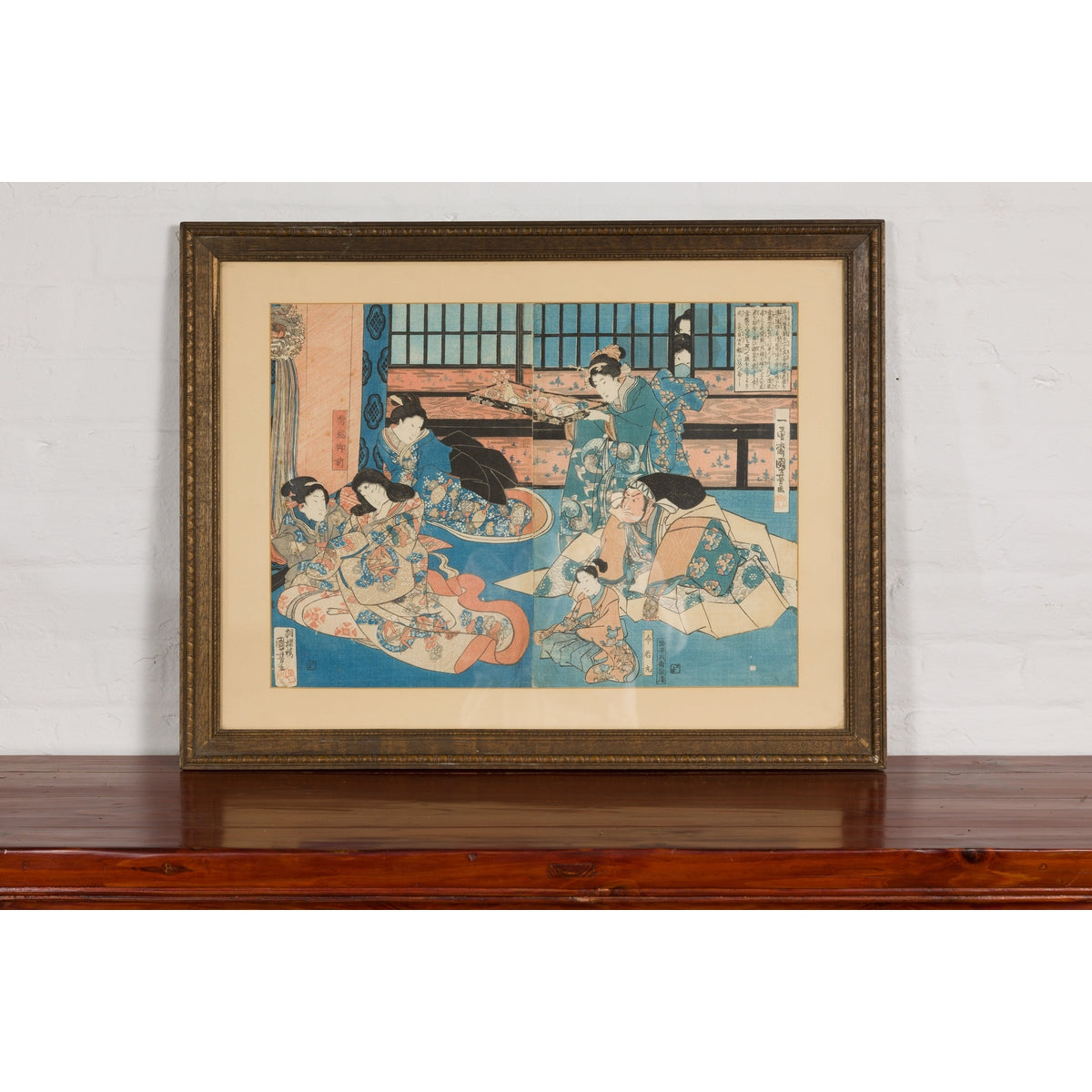 Japanese Meiji Period 19th Century Signed Diptych Woodblock Print, Custom Framed-5. Asian & Chinese Furniture, Art, Antiques, Vintage Home Décor for sale at FEA Home