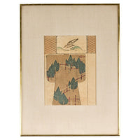 Antique Minimalist Woodblock Print with Bird and Trees in Custom Frame