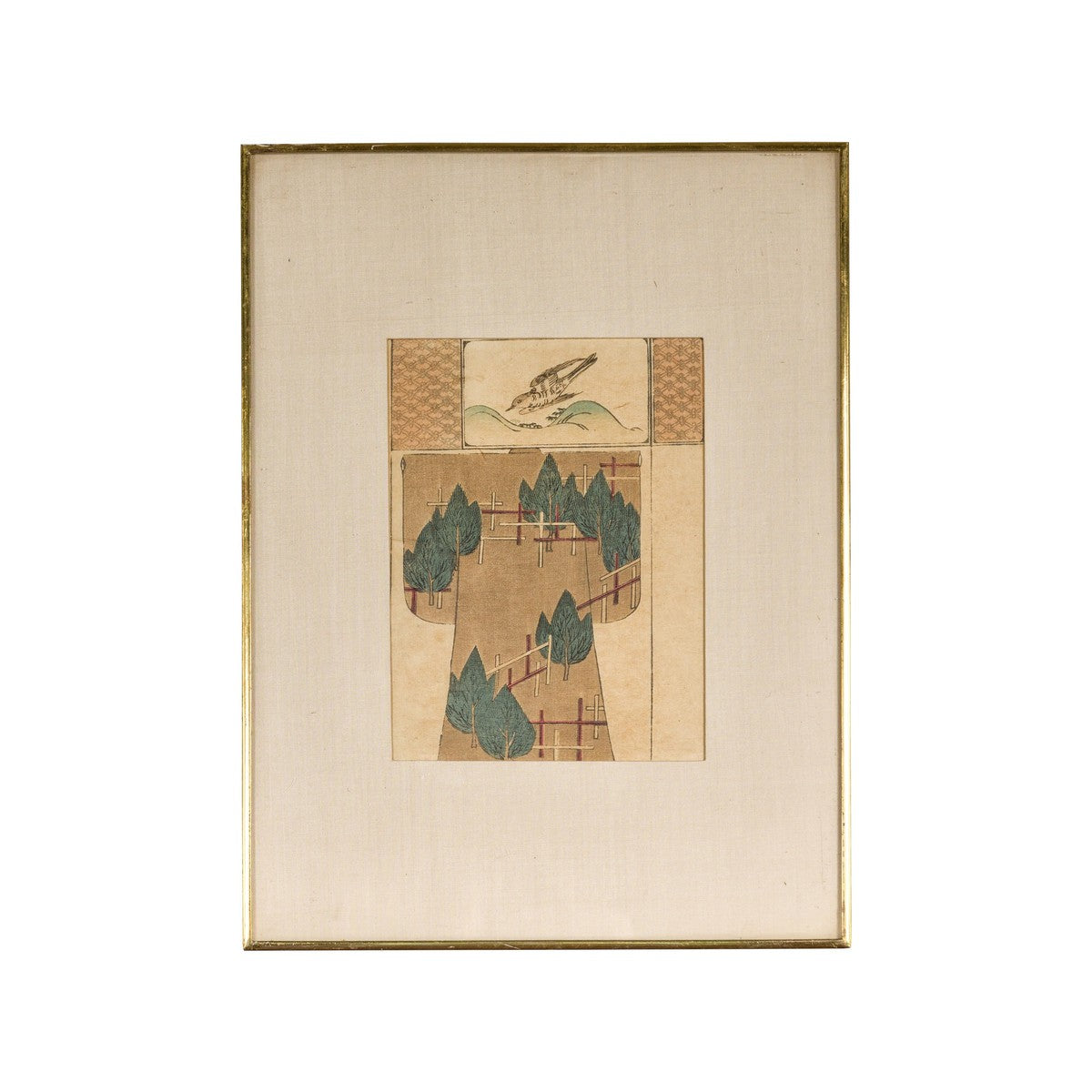 Antique Minimalist Woodblock Print with Bird and Trees in Custom Frame-2. Asian & Chinese Furniture, Art, Antiques, Vintage Home Décor for sale at FEA Home