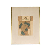 Antique Minimalist Woodblock Print with Bird and Trees in Custom Frame